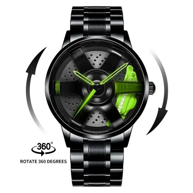 3D Rotation Unique Custom Design Sports Car Wheel Rim Watch for Men