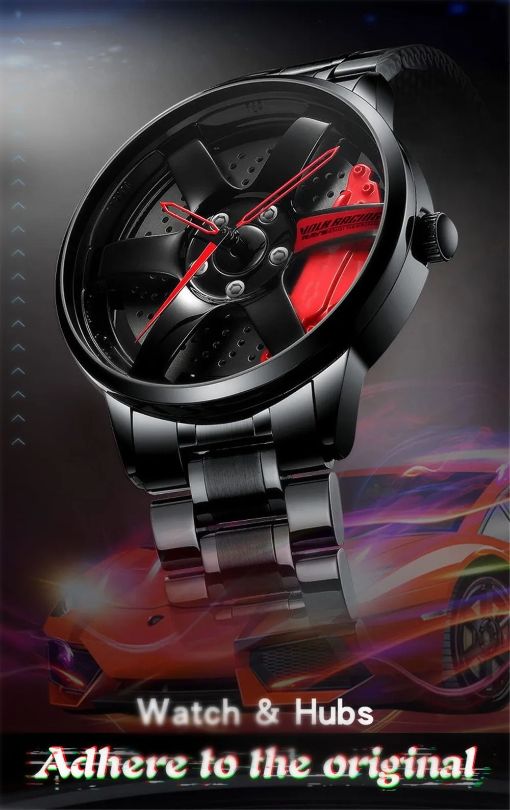 3D Rotation Unique Custom Design Sports Car Wheel Rim Watch for Men