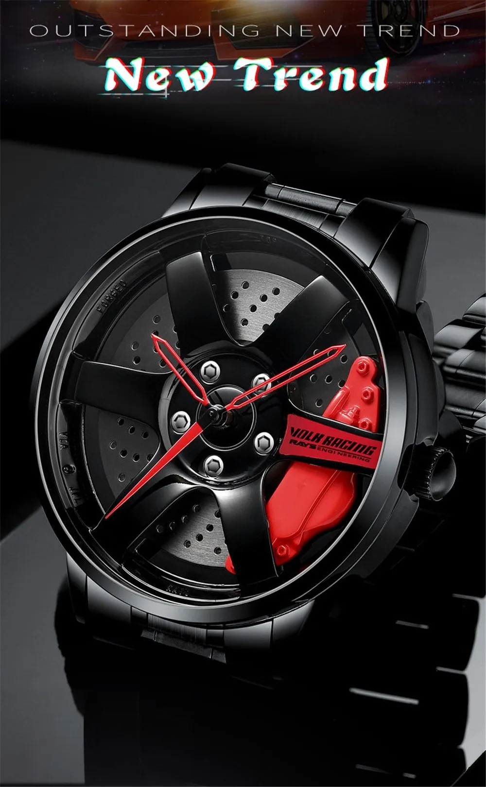 3D Rotation Unique Custom Design Sports Car Wheel Rim Watch for Men