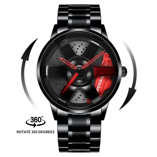 3D Rotation Unique Custom Design Sports Car Wheel Rim Watch for Men