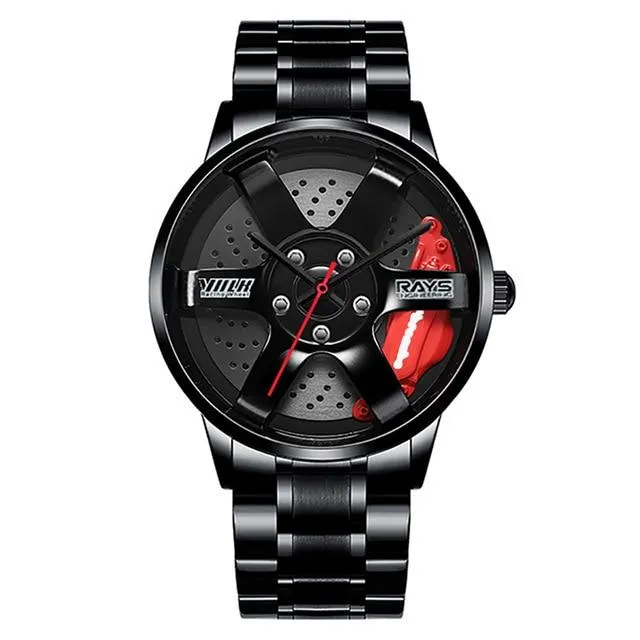 3D Rotation Unique Custom Design Sports Car Wheel Rim Watch for Men