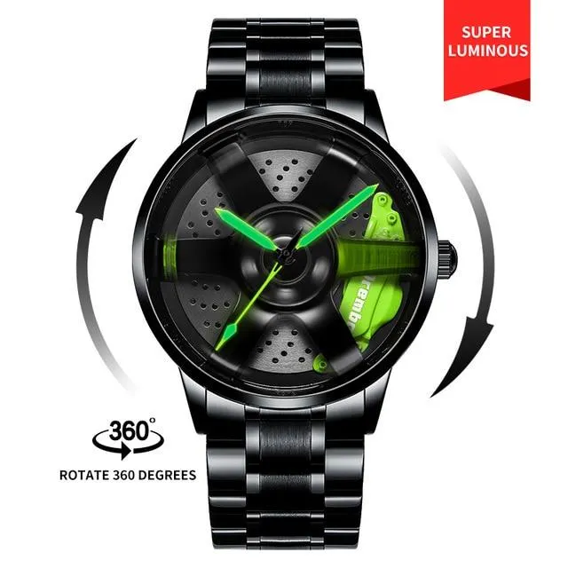 3D Rotation Unique Custom Design Sports Car Wheel Rim Watch for Men