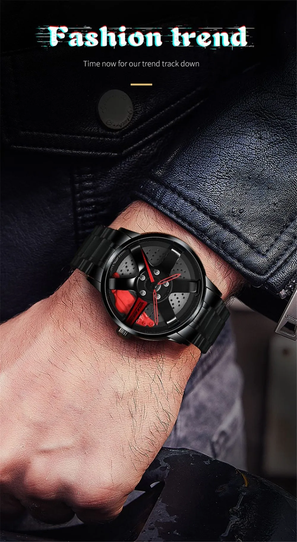 3D Rotation Unique Custom Design Sports Car Wheel Rim Watch for Men