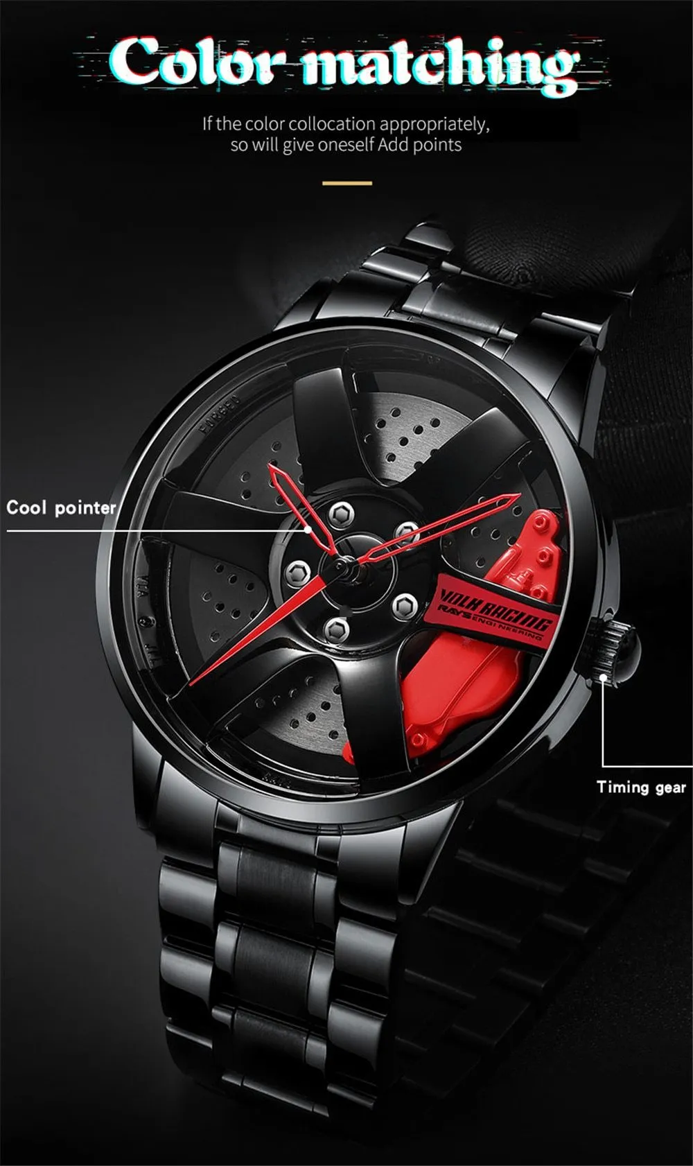 3D Rotation Unique Custom Design Sports Car Wheel Rim Watch for Men