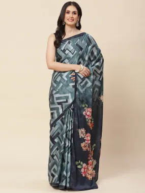 Abstract Floral Printed Satin Saree