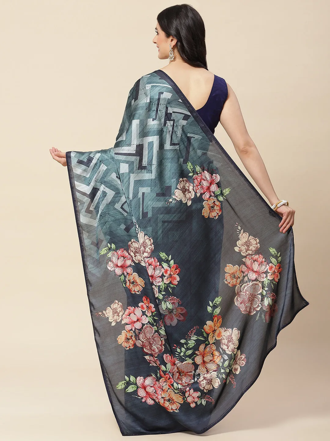 Abstract Floral Printed Satin Saree