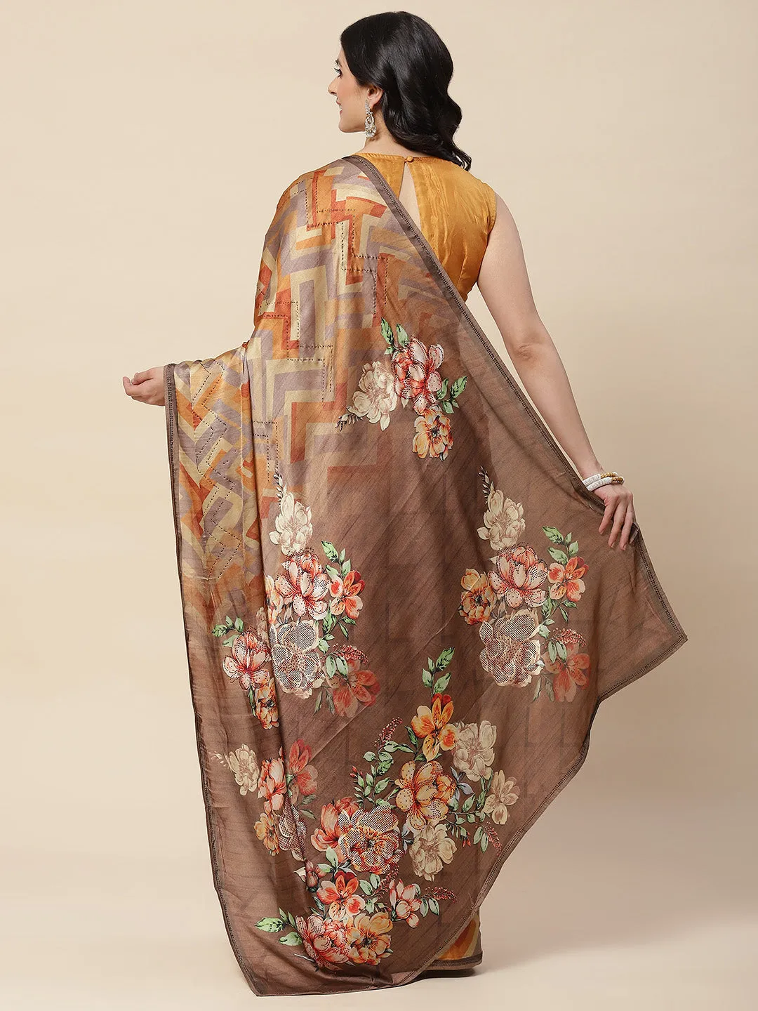 Abstract Floral Printed Satin Saree