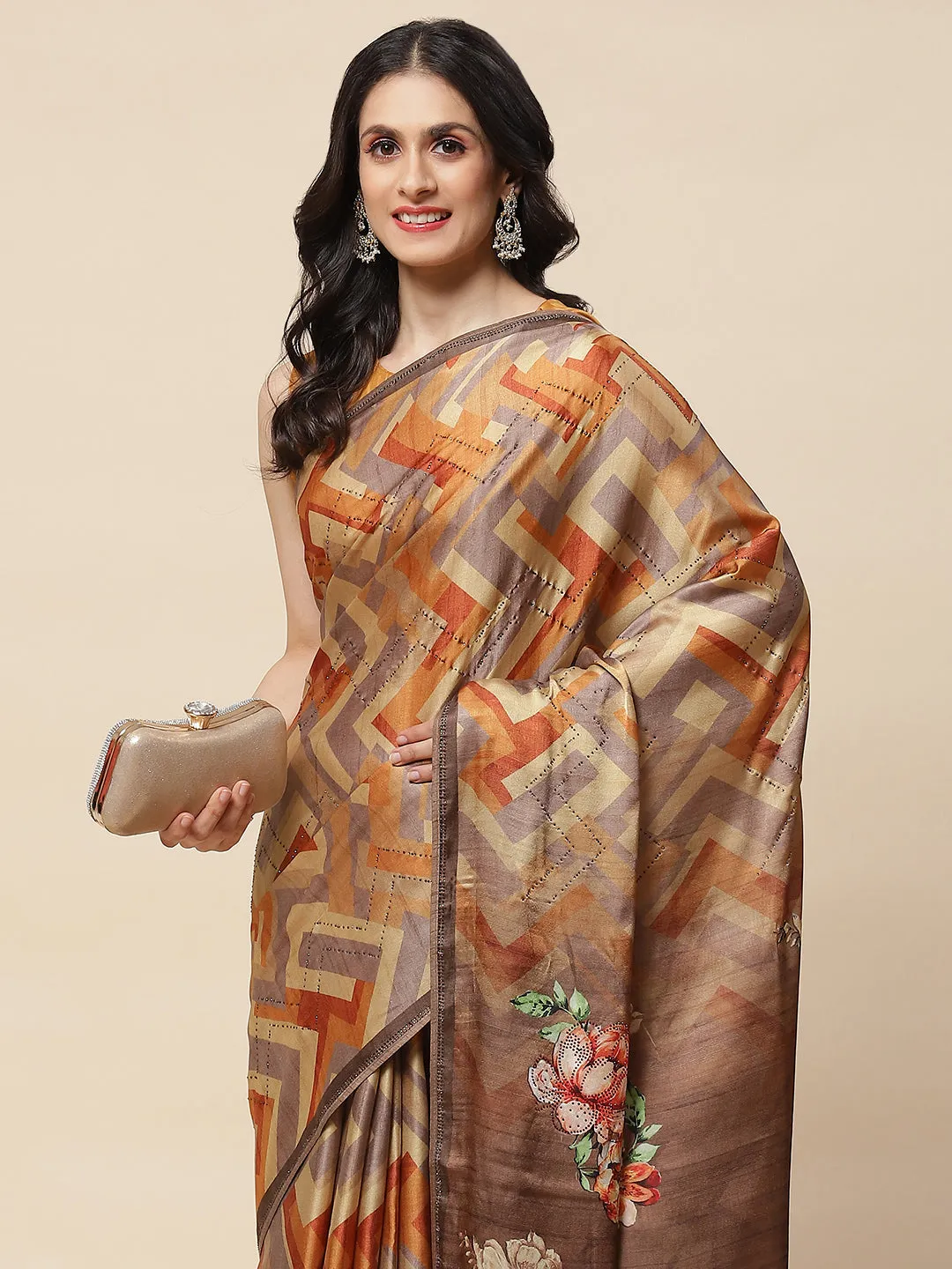 Abstract Floral Printed Satin Saree