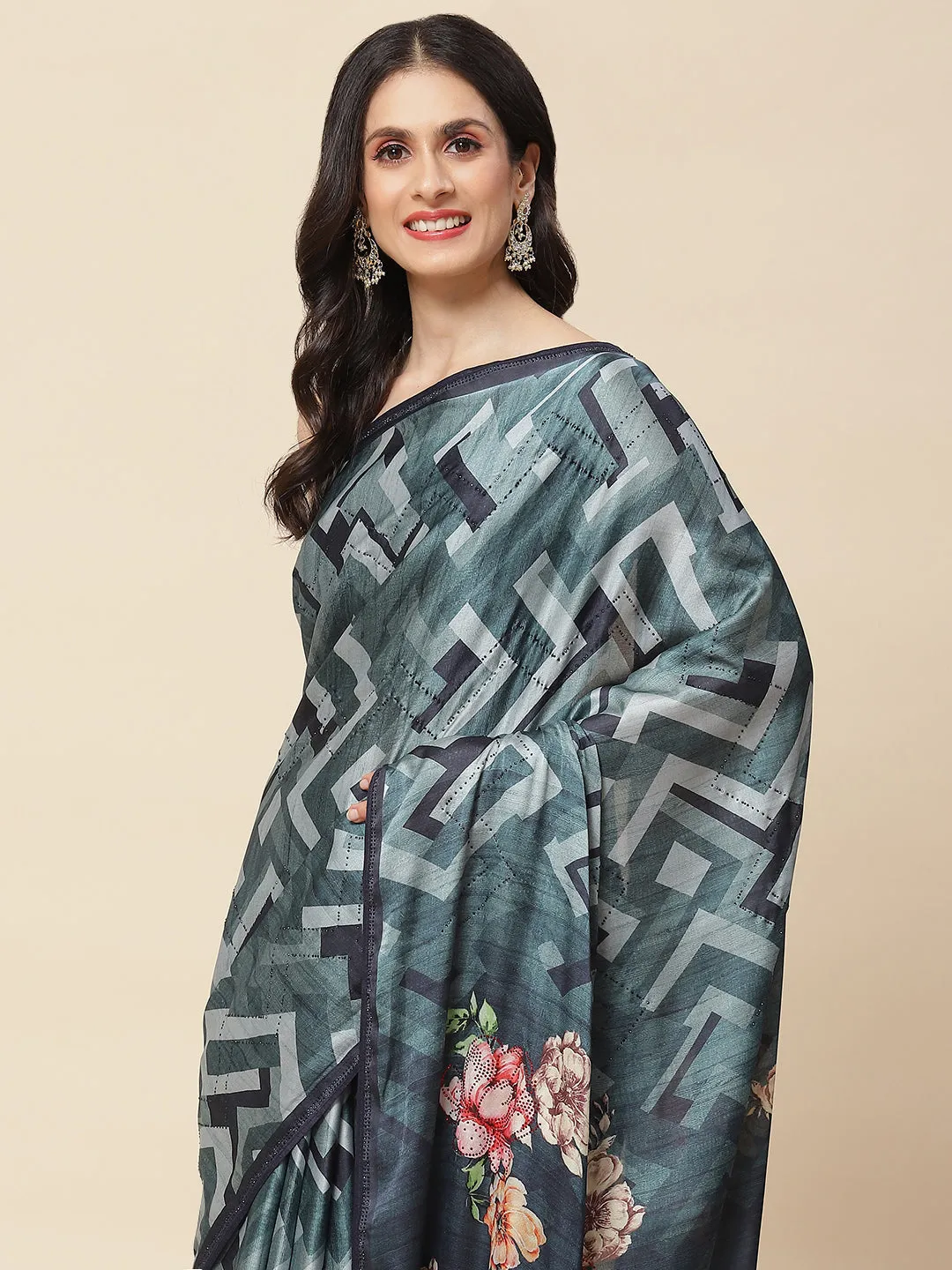 Abstract Floral Printed Satin Saree