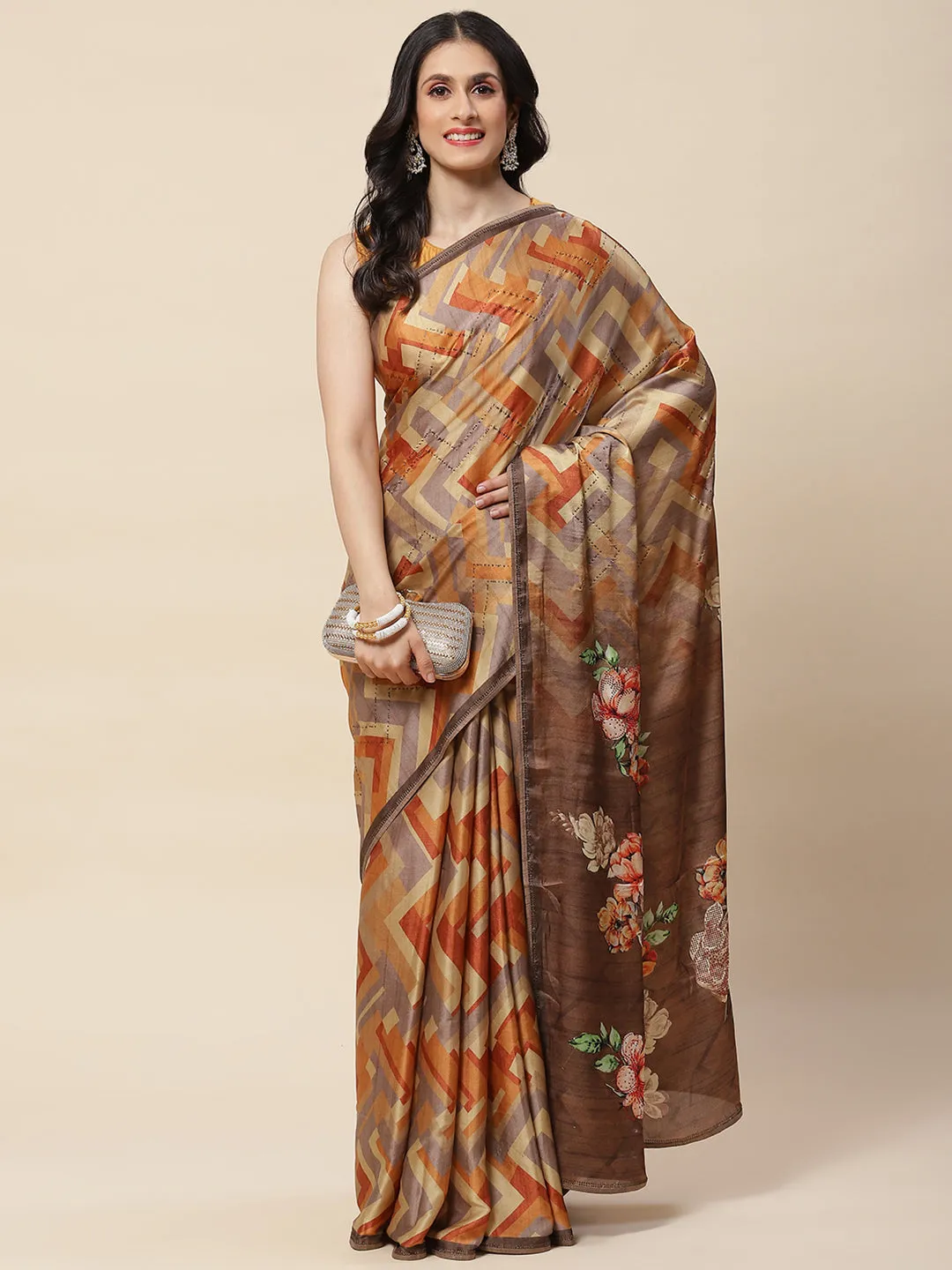 Abstract Floral Printed Satin Saree