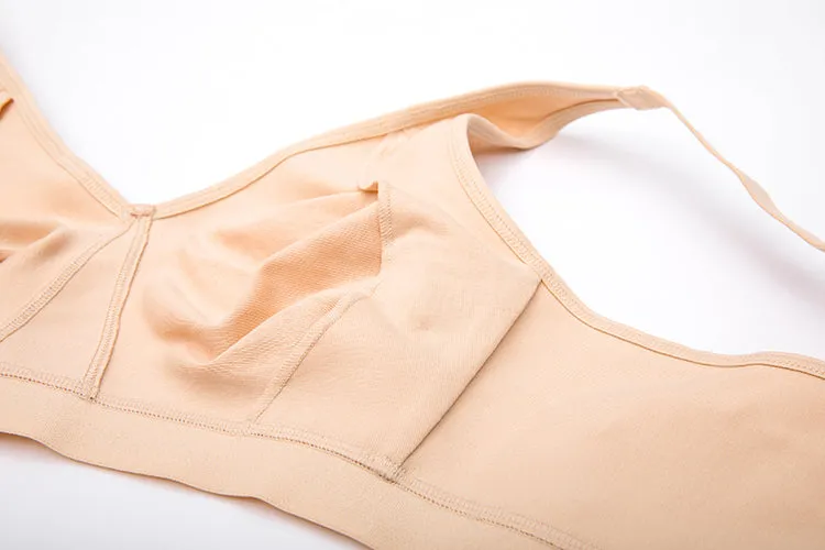 Beige Cotton Wireless Plus Size No-padding Front Closure Bra for Women