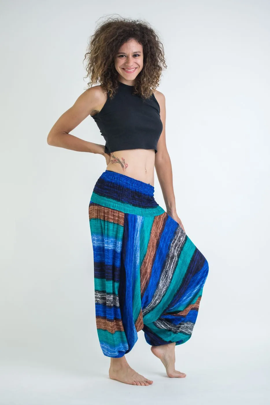 Boho Striped 2-in-1 Jumpsuit Harem Pants in Turquoise