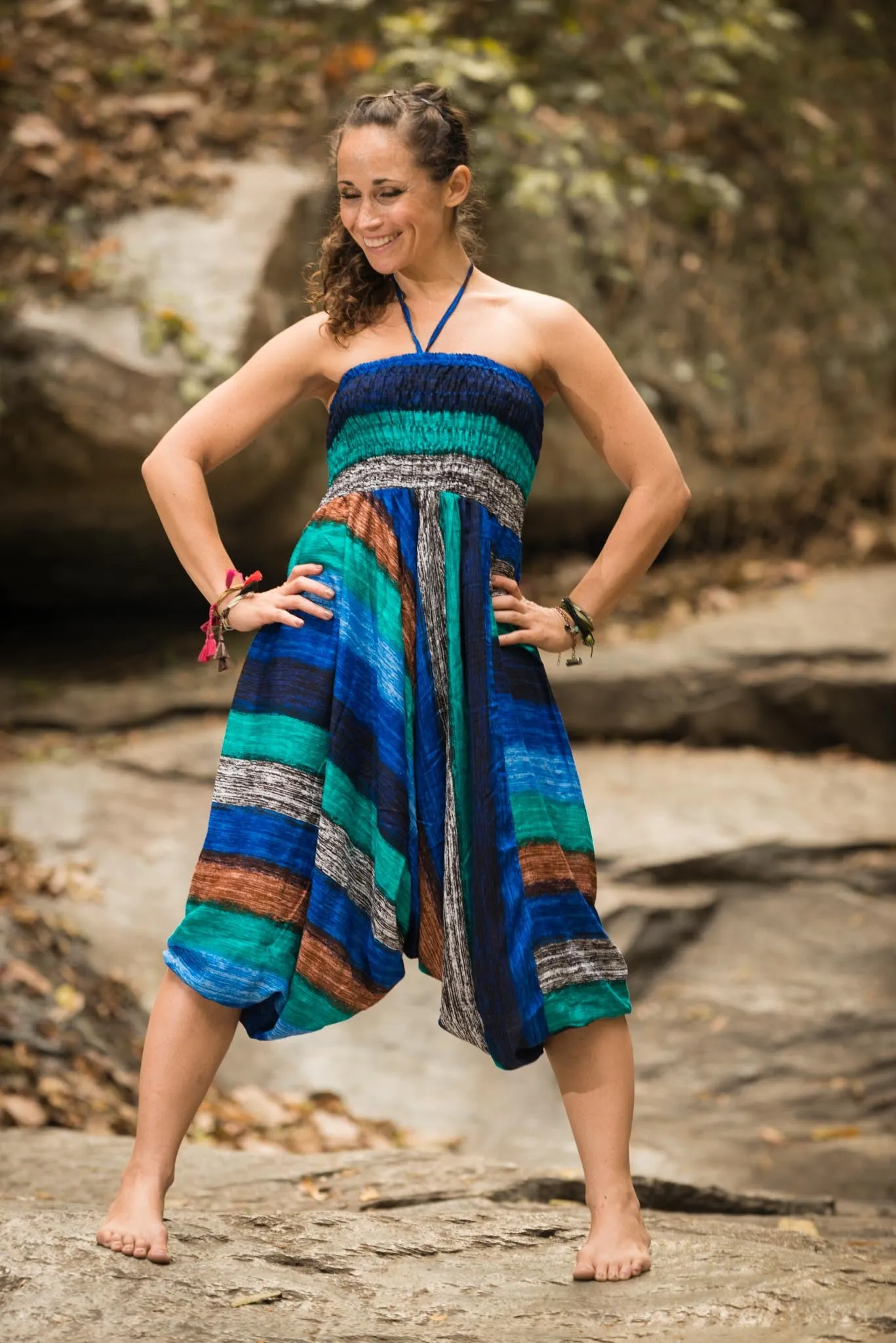 Boho Striped 2-in-1 Jumpsuit Harem Pants in Turquoise