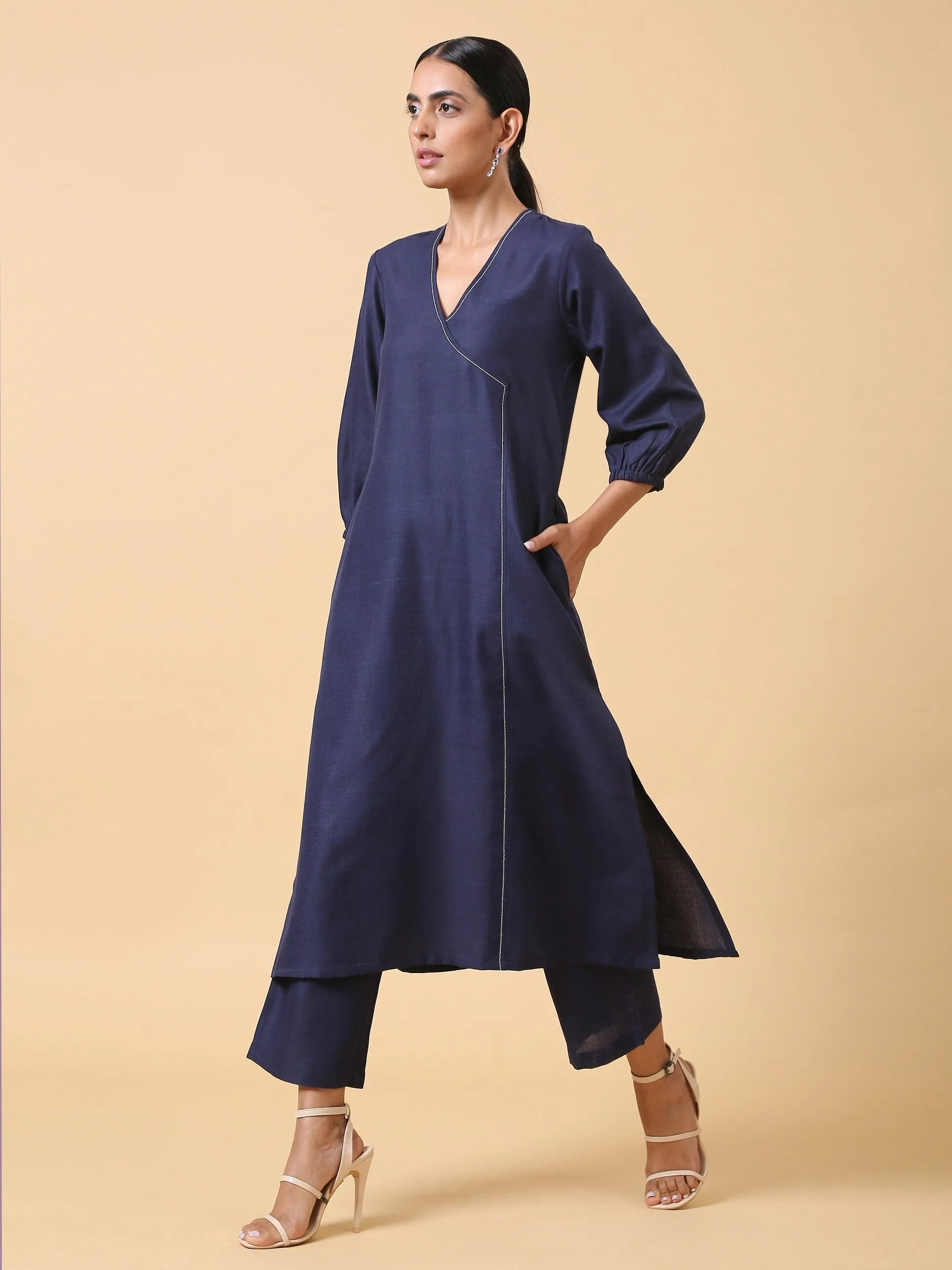 Cotton Linen Dark Blue Kurta Pant Set | Relove