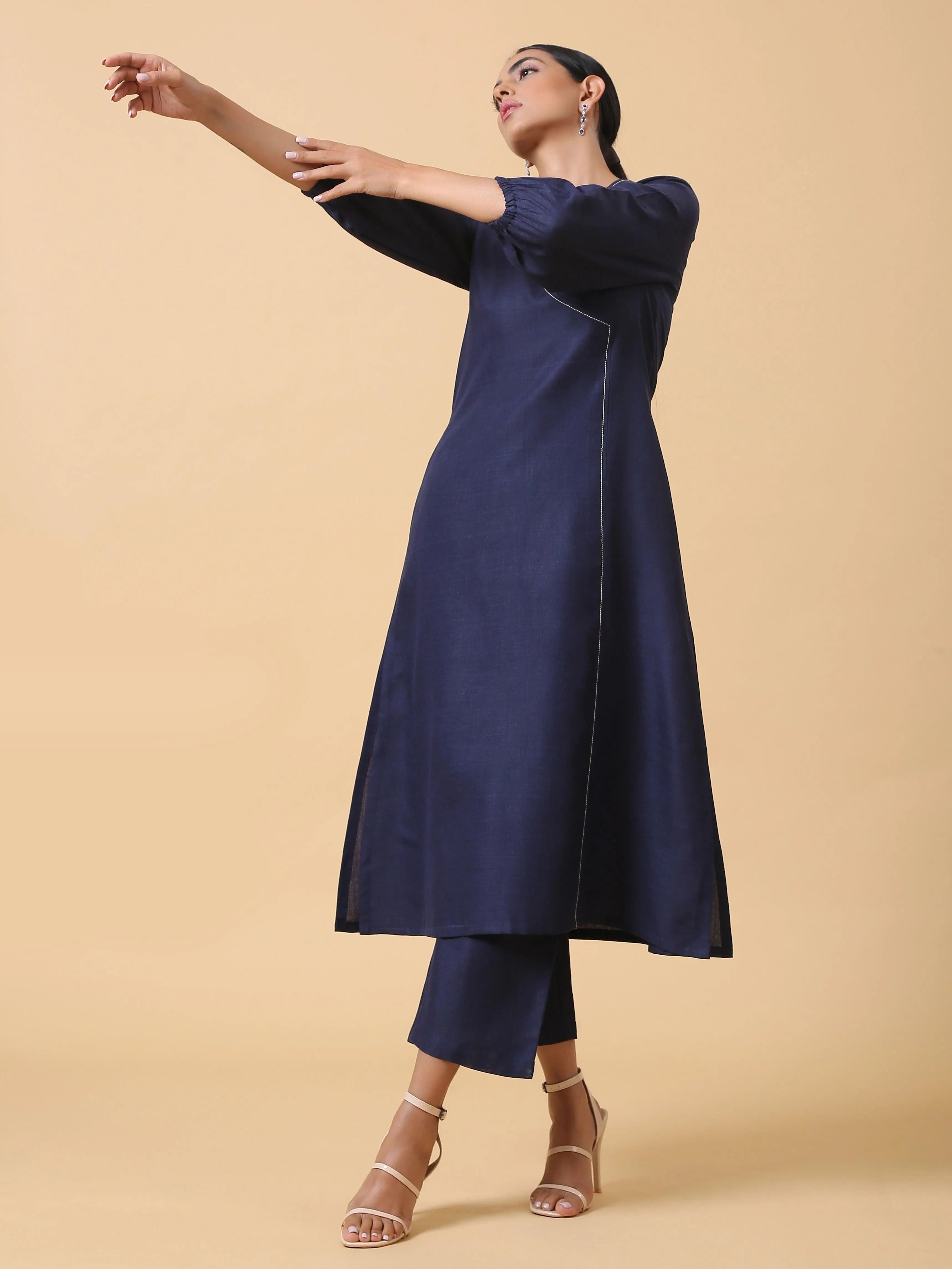 Cotton Linen Dark Blue Kurta Pant Set | Relove