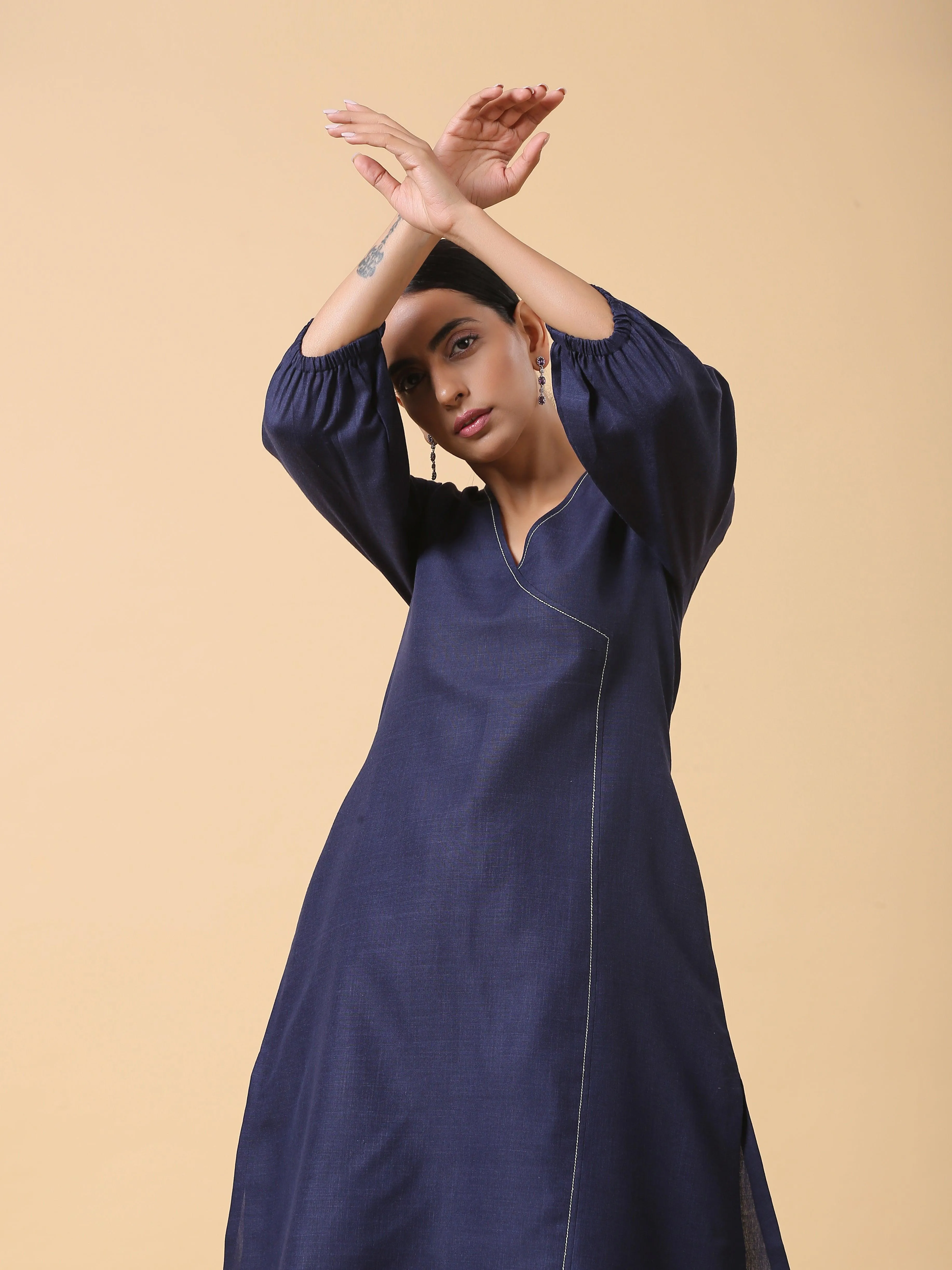 Cotton Linen Dark Blue Kurta Pant Set | Relove