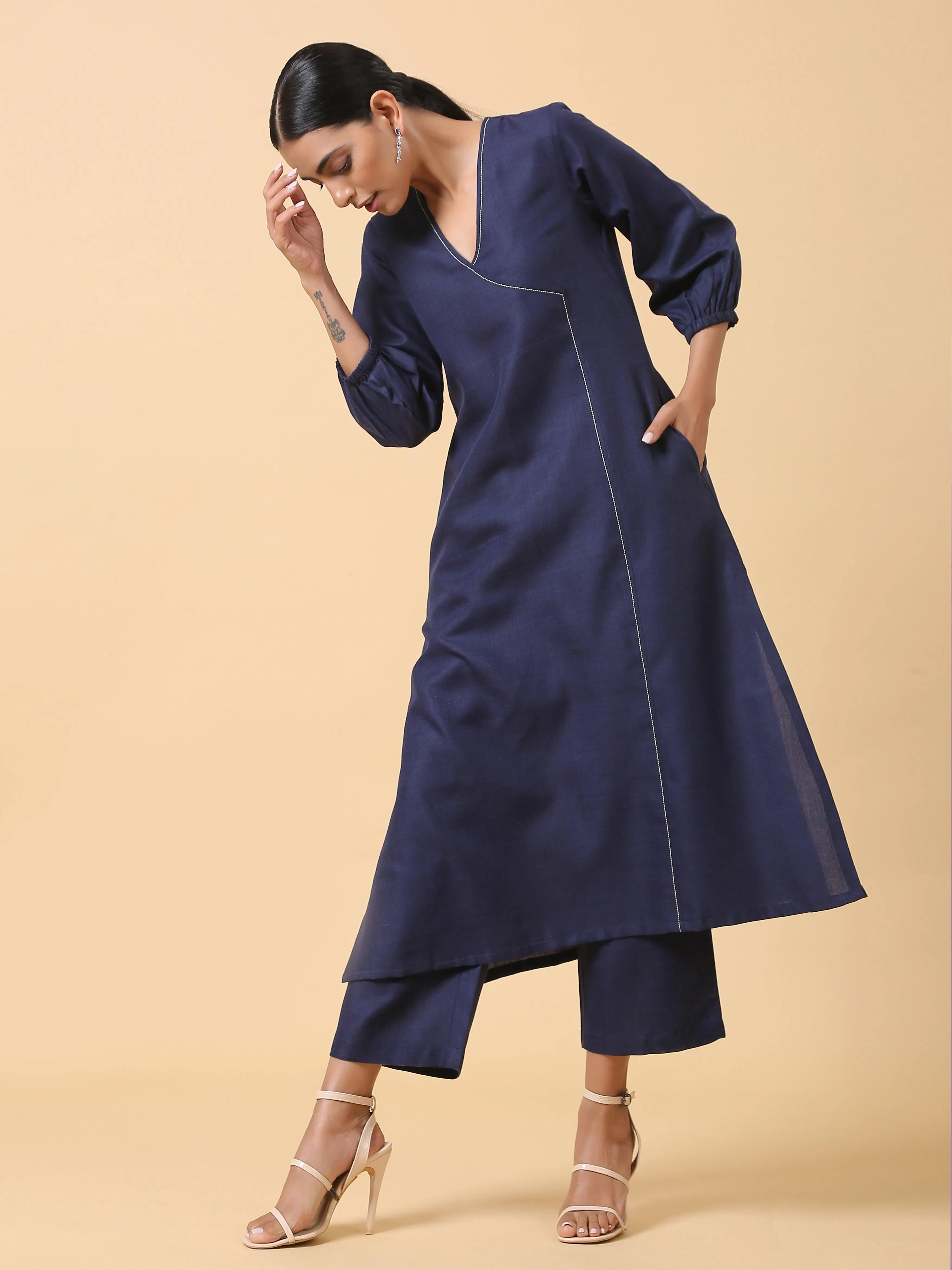 Cotton Linen Dark Blue Kurta Pant Set | Relove