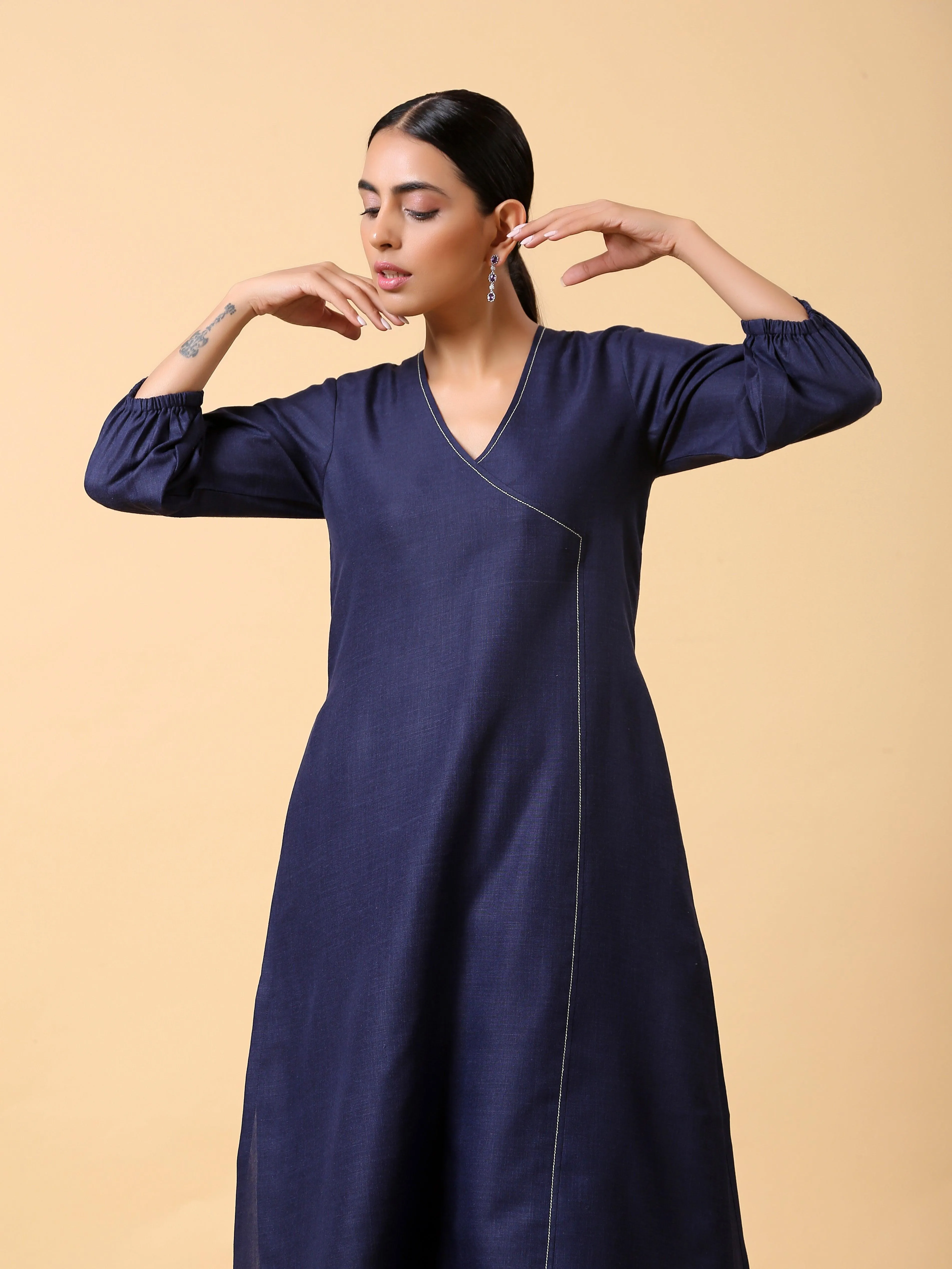 Cotton Linen Dark Blue Kurta Pant Set | Relove