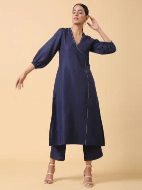 Cotton Linen Dark Blue Kurta Pant Set | Relove