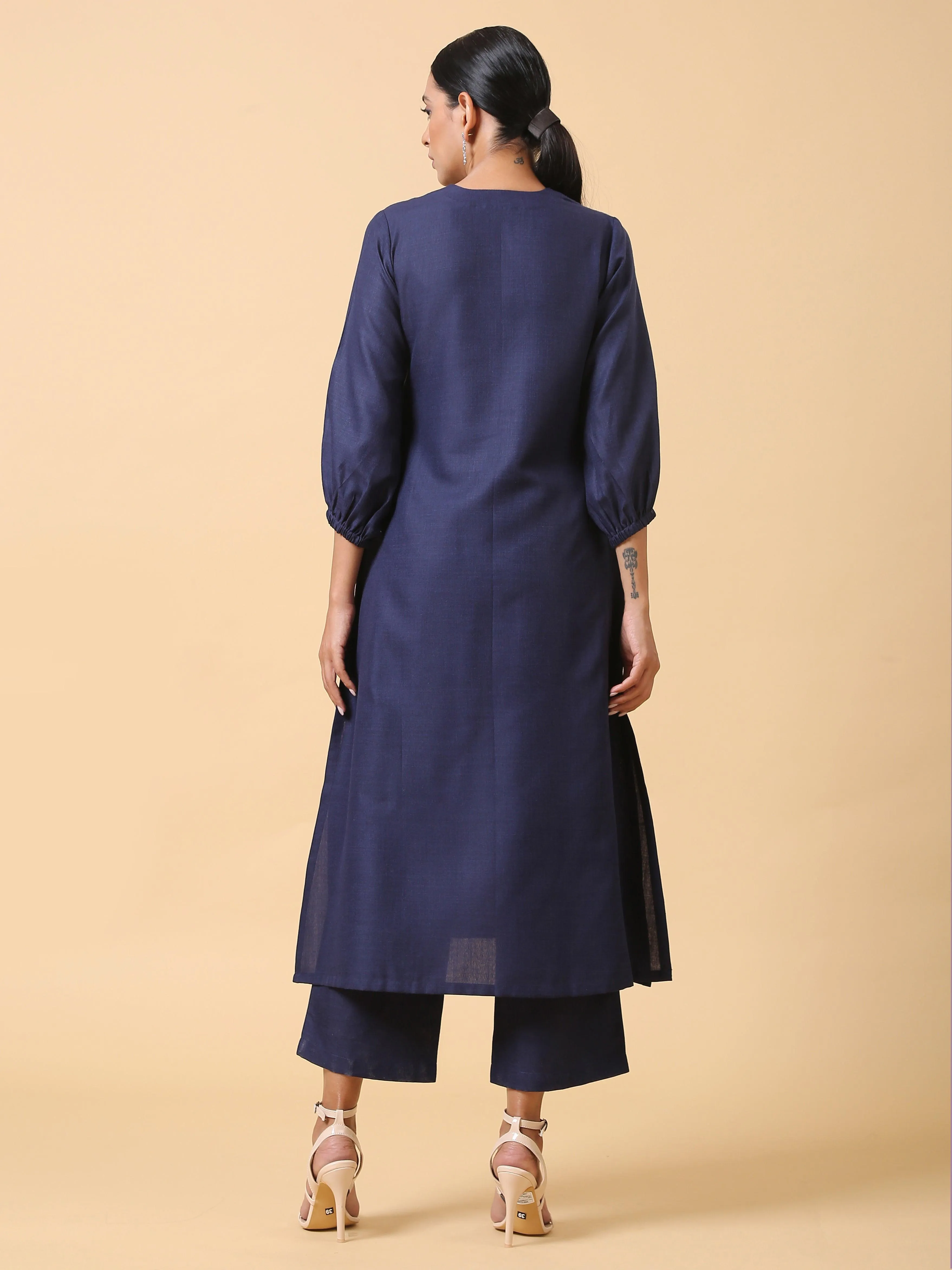 Cotton Linen Dark Blue Kurta Pant Set | Relove