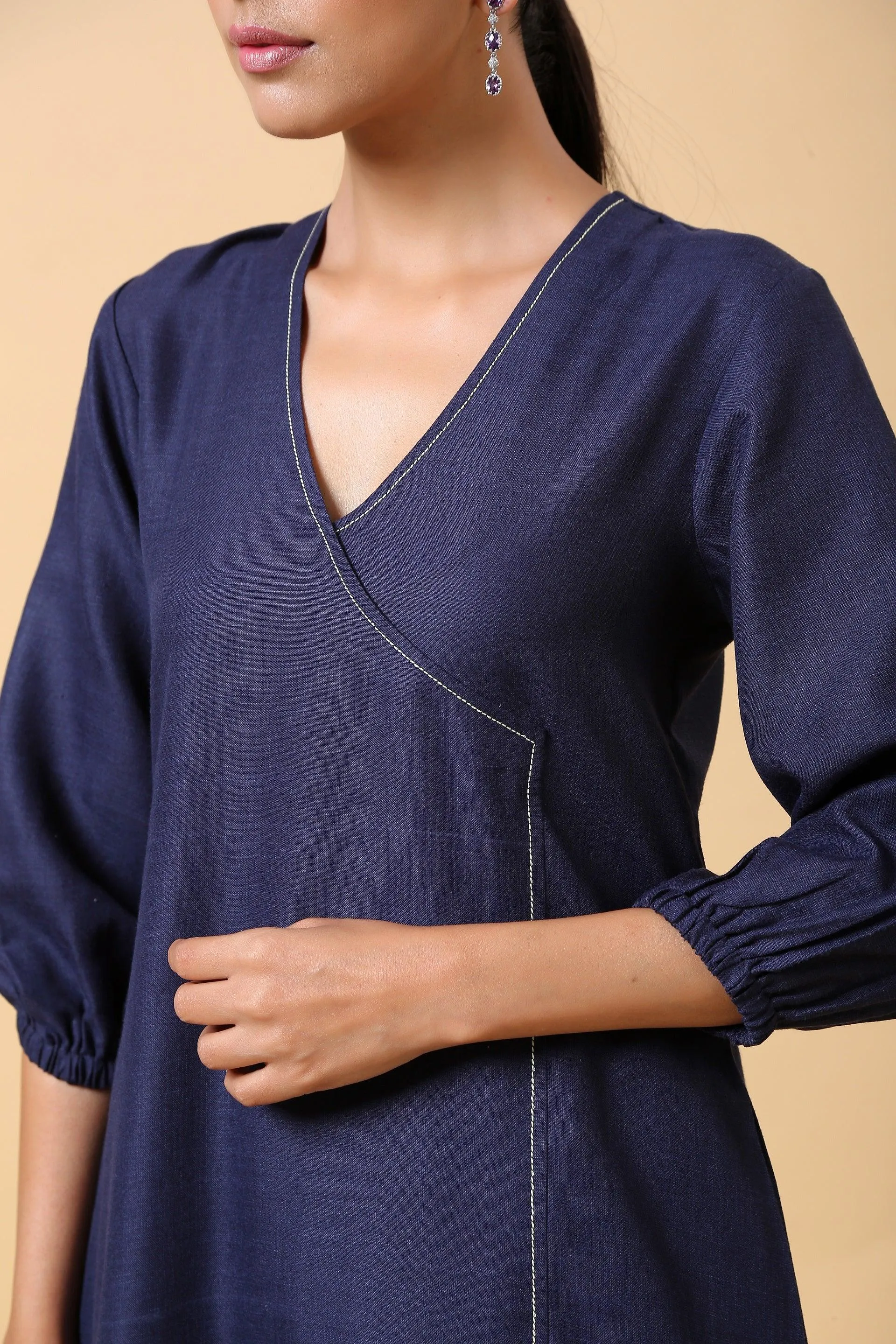 Cotton Linen Dark Blue Kurta Pant Set | Relove