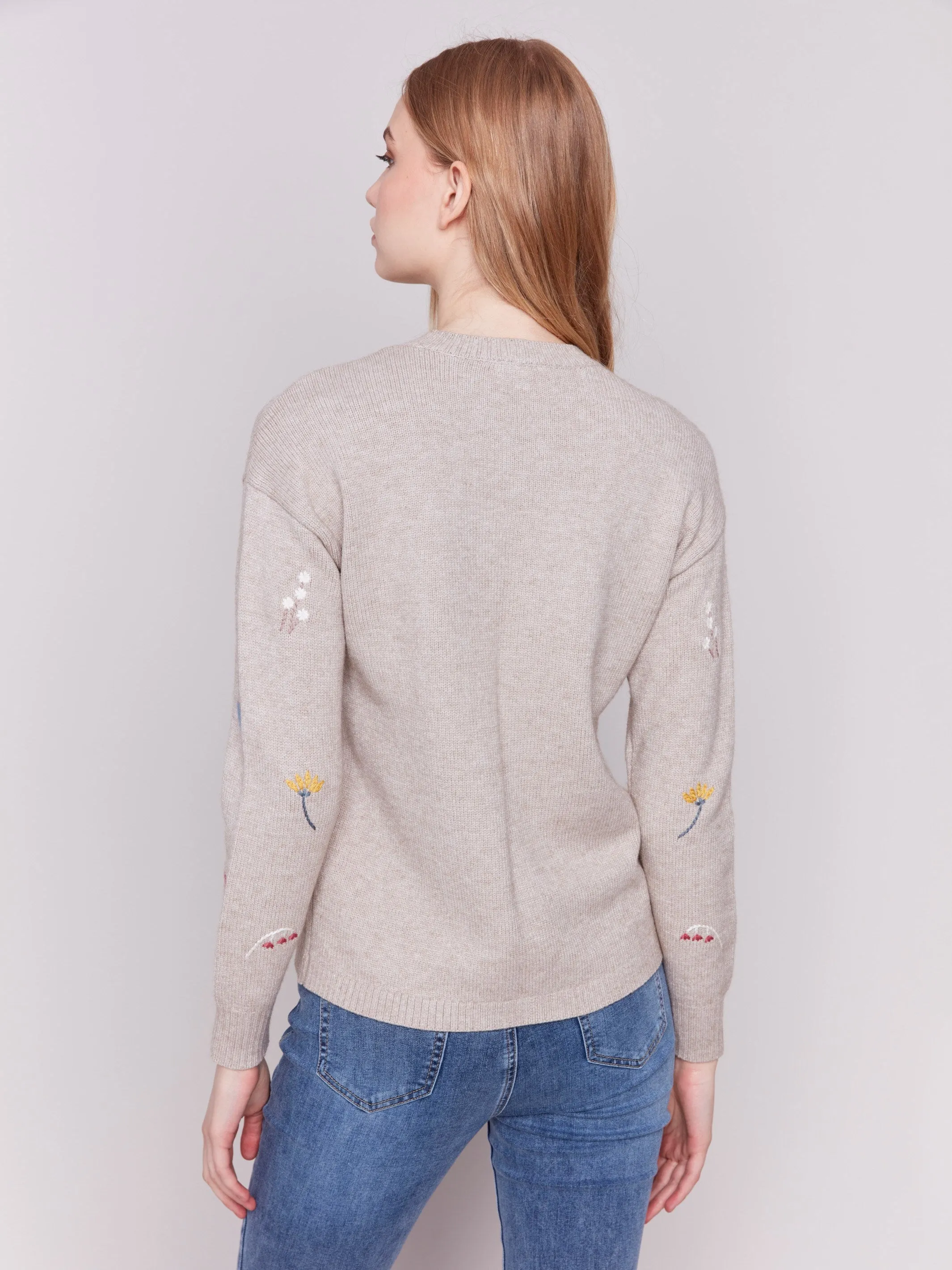 Embroidered Round Neck Sweater - Almond