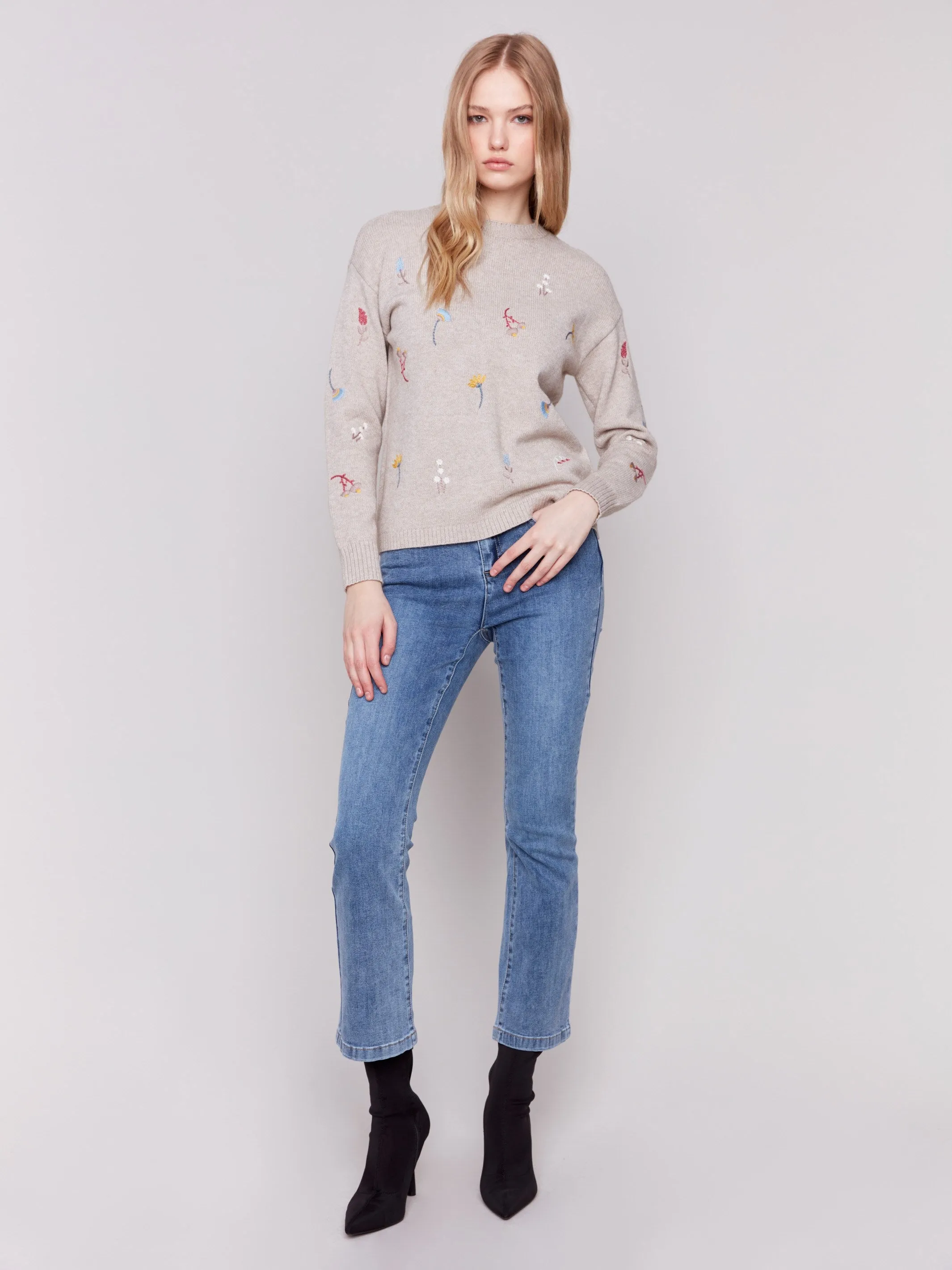 Embroidered Round Neck Sweater - Almond