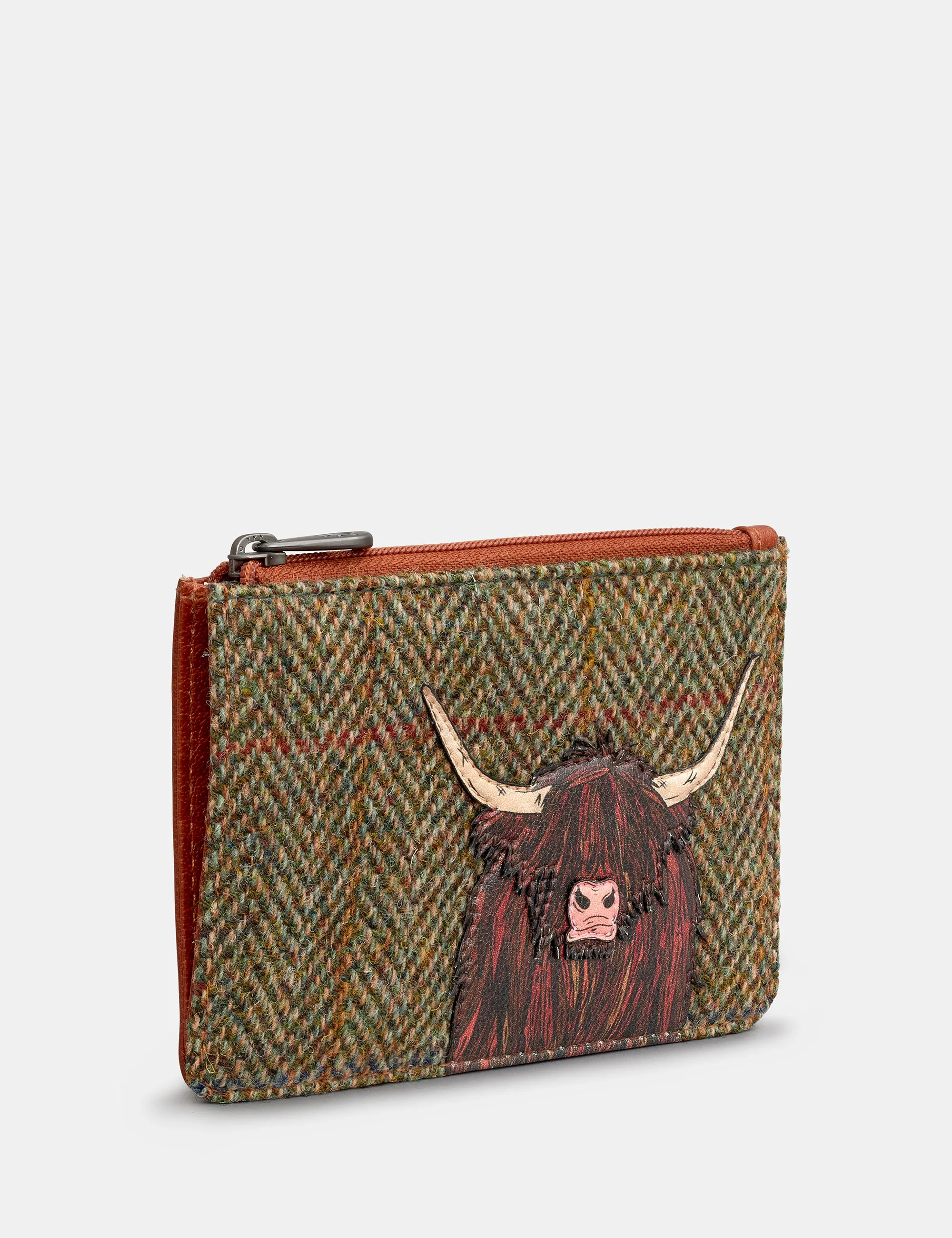 Highland Cow Harris Tweed & Brown Leather Zip Top Purse