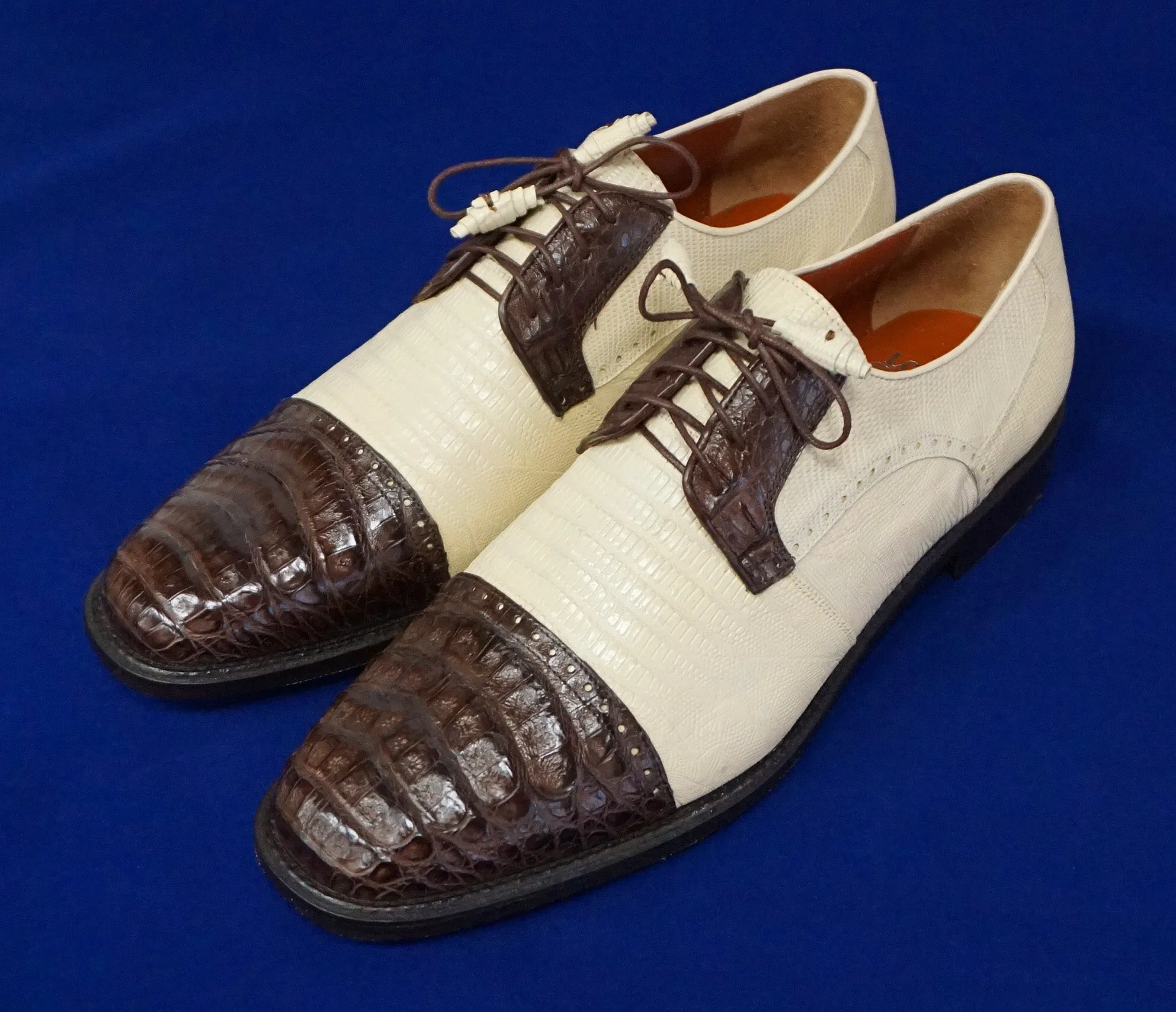 Los Altos Two Tone Caiman Belly & Lizard skin Cap Toe Shoe (Brown & Bone)