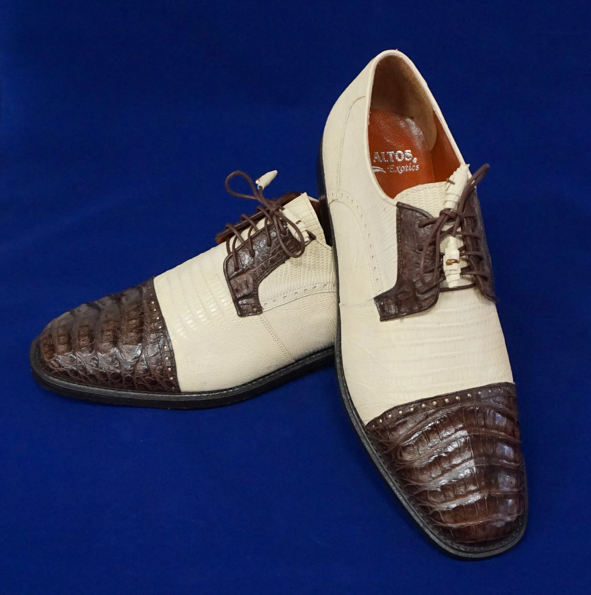 Los Altos Two Tone Caiman Belly & Lizard skin Cap Toe Shoe (Brown & Bone)