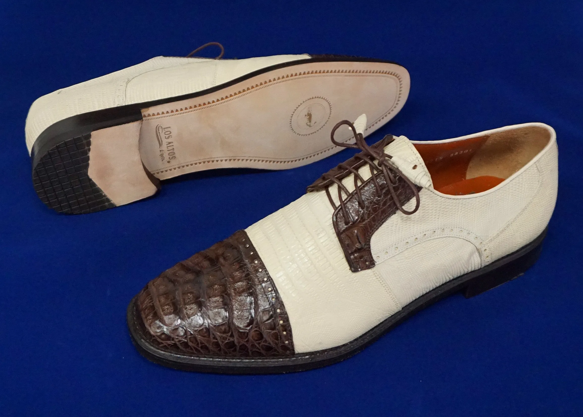 Los Altos Two Tone Caiman Belly & Lizard skin Cap Toe Shoe (Brown & Bone)