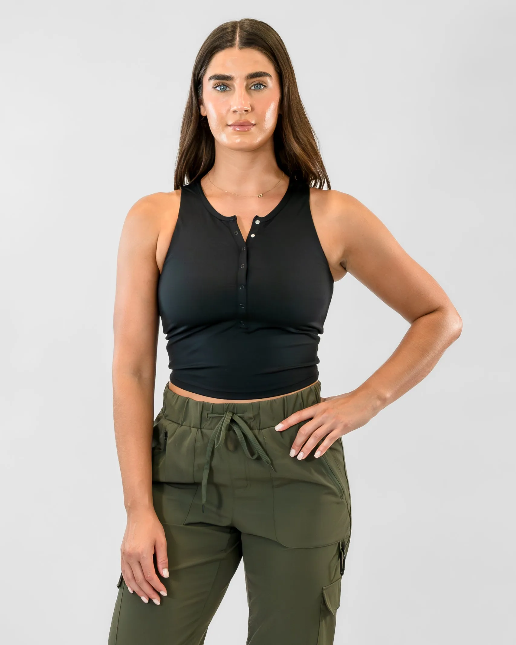 Lux Vinyasa Henley Crop Top - Black