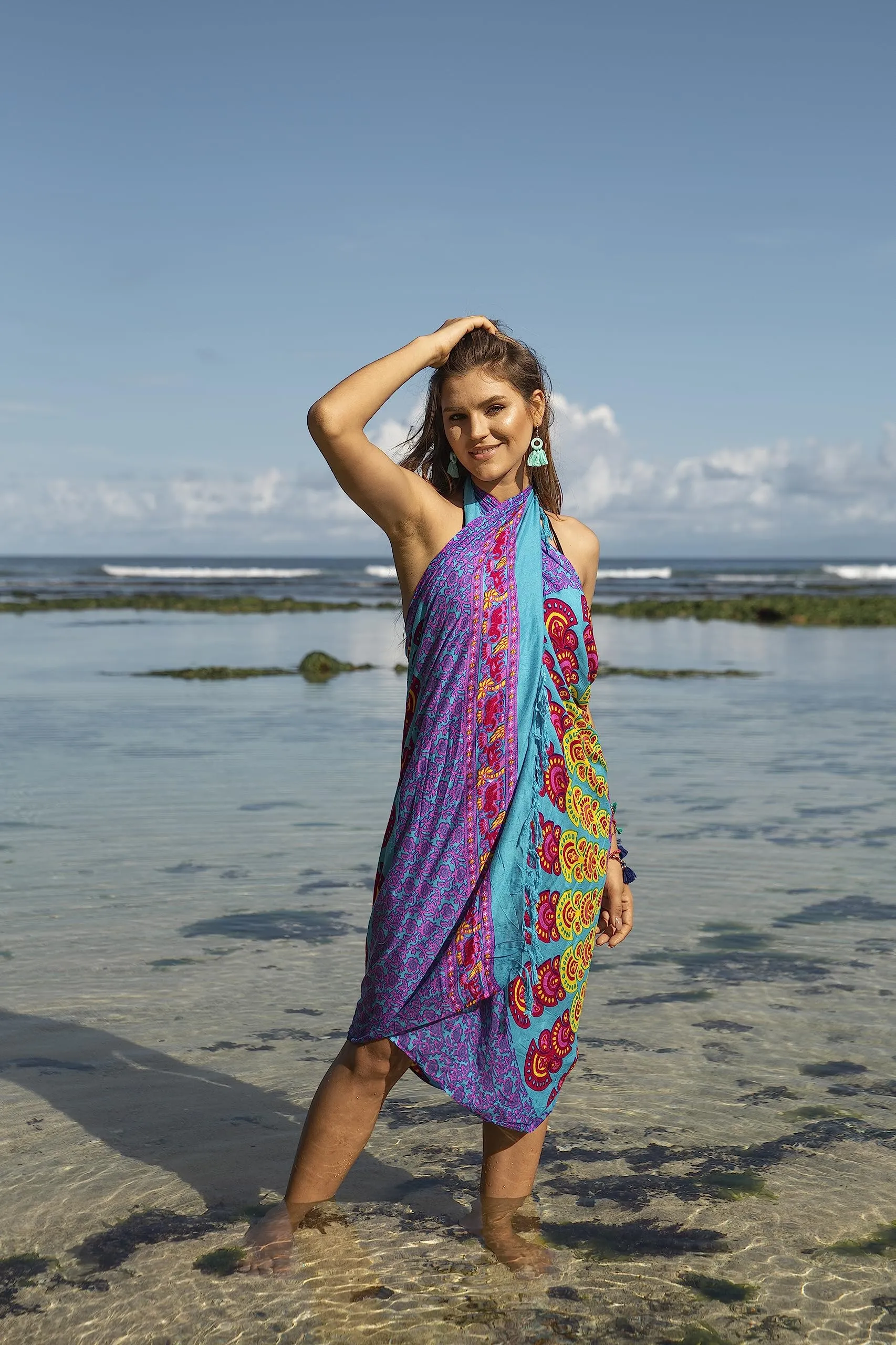 Peacock Print Sarong Cover up Wrap & Clip