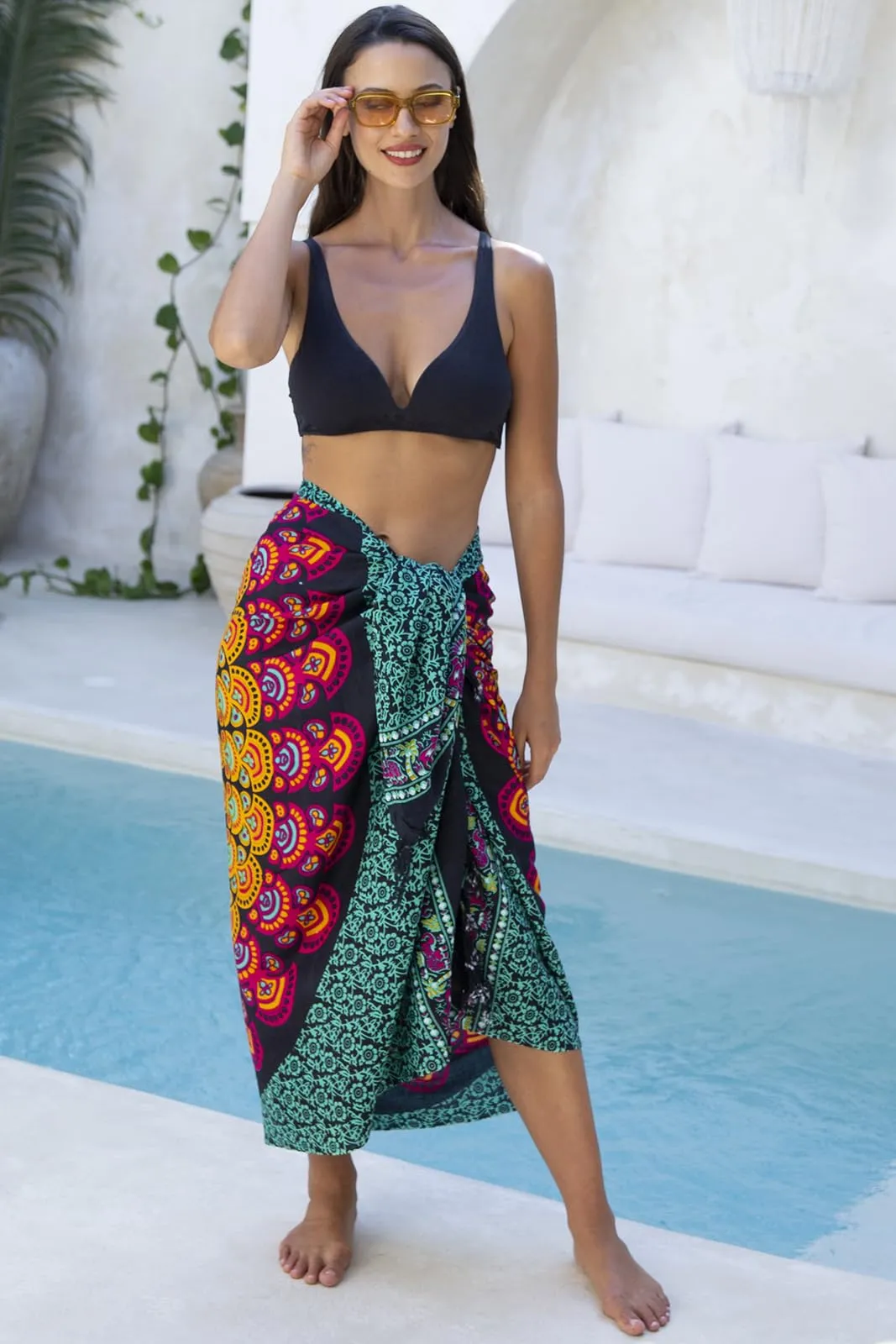 Peacock Print Sarong Cover up Wrap & Clip