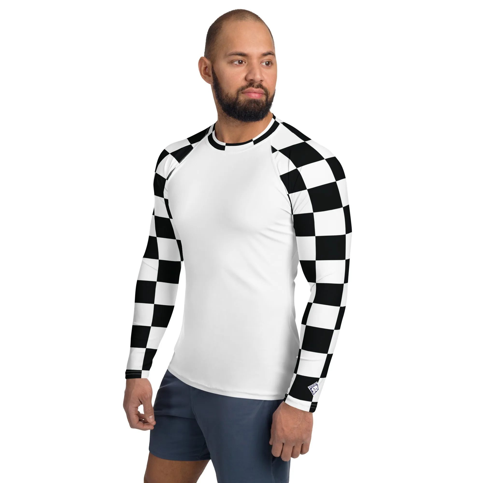 Trendy Training Attire: Men's Checkered BJJ Rash Guard - Blanc