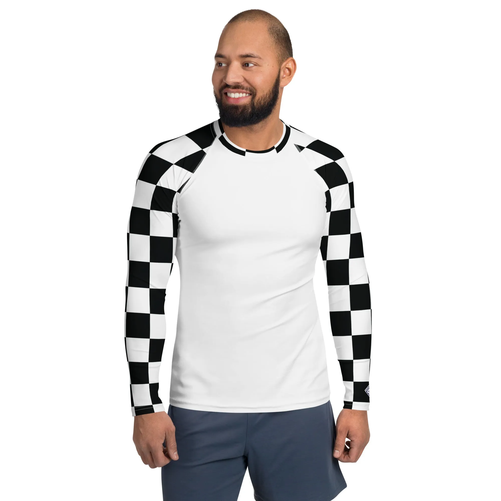 Trendy Training Attire: Men's Checkered BJJ Rash Guard - Blanc